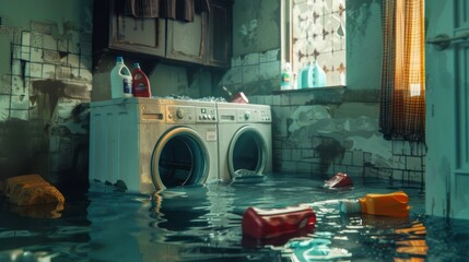 A utility room with laundry appliances partially submerged, detergent bottles floating and spilling contents into the murky water - obrazy, fototapety, plakaty