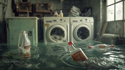 A utility room with laundry appliances partially submerged, detergent bottles floating and spilling contents into the murky water