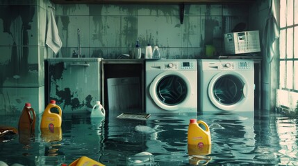 A utility room with laundry appliances partially submerged, detergent bottles floating and spilling contents into the murky water
