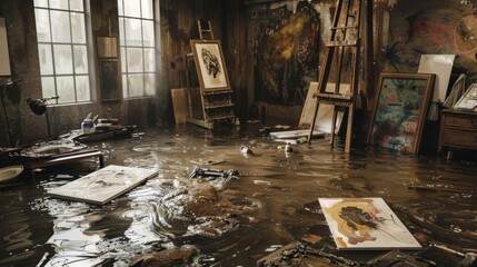 An artist's studio with canvases floating face down, paint supplies scattered and mixing with the floodwaters, and sketches sodden and ruined