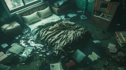 An image of a bedroom submerged in murky water, the bed floating and tilted, with clothes and books scattered across the water's surface - obrazy, fototapety, plakaty
