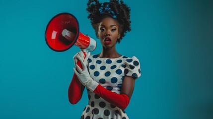 Woman with Megaphone Making Announcement - obrazy, fototapety, plakaty