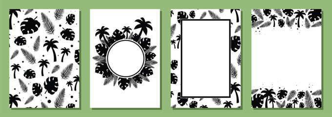 Vector Tropical Palm Leaves and Tree Frame Templates. Plam Tree and Leaves in Silhouette Style. Tropical banner and textured background design elements set collection. Isolated on white background.
