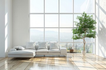 Modern bright interior with large window . 3D rendering