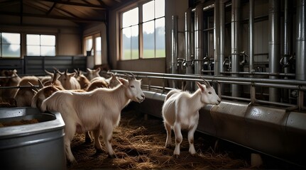 Farm-to-table: Farmers contribute fresh milk, igniting the cheese-making process in a bustling factory.generative.ai - obrazy, fototapety, plakaty