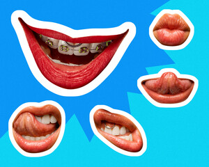 Contemporary art collage. Various mouths with different expressions and details, set against bright blue background. Concept of pop art, beauty, positive emotion. Trendy magazine style.