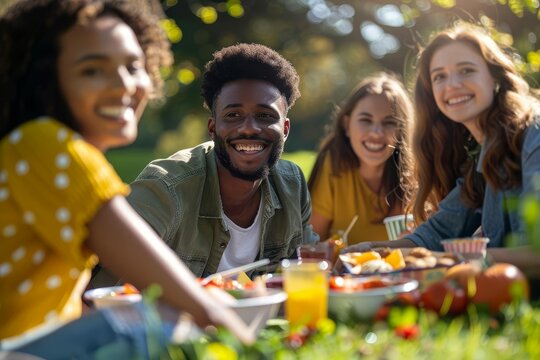 diverse group of happy friends enjoying picnic in sunny park candid portrait