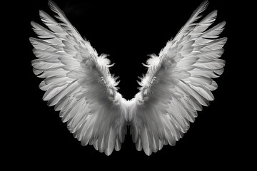 Angel wings isolated on the black background, fantasy feather wings for fashion design, cosplay and dress up party.