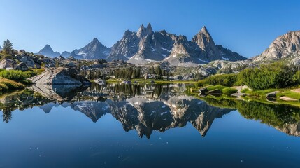 A serene mountain lake nestled amidst towering peaks, a mirror image of rugged beauty reflecting the clear blue sky above. - Powered by Adobe