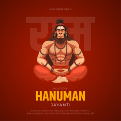 Happy Hanuman Jayanti Post and Greetings. Birthday of Lord Hanuman Celebration and Wish with Text and Hanuman Vector Illustration