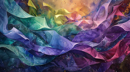 Effervescent watercolor ribbons twirling amidst a shimmering tapestry of emerald, sapphire, and amethyst. 