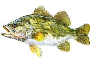 A largemouth bass fish, with a green body and yellow fins, viewed from the side.