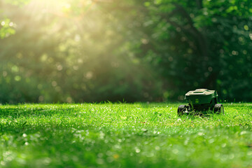 Lawn mower on green grass with copy space