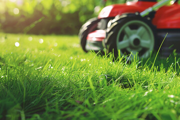 Green lawn mower on green grass with copy space