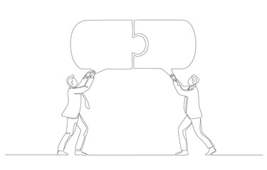 Continuous one line drawing of two businessmen connect speech bubble jigsaw, successful business communication, compatibility of ideas in work concept, single line art.