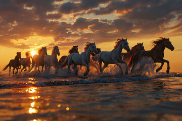 Many horses running near ocean with waves on sunset