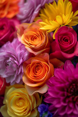 Close-Up Vibrant Multicolored Flower Bouquet. Close-up of vibrant bouquet with roses and daisies, suitable for celebrations and decorating.