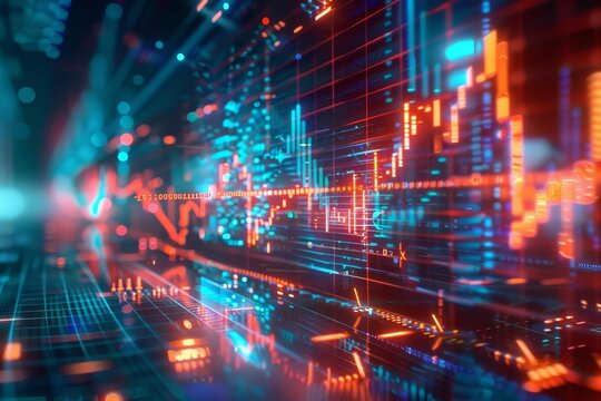 dynamic 3d virtual growth arrow and financial graph on digital business strategy background