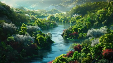 A serene river winding its way through a tranquil valley, its banks lined with lush greenery and...