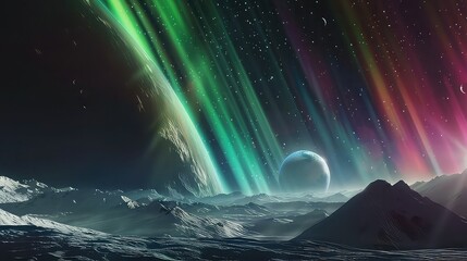 A serene scene of a planet and its moons suspended in the darkness of space, with colorful auroras dancing across the planetary surface.