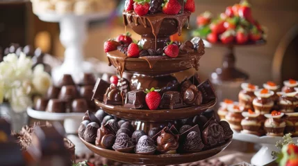 Fotobehang Tower of Chocolate Covered Strawberries and Desserts © Prostock-studio