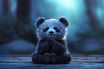 Little panda sitting in yoga lotus pose