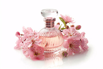 Perfume bottle with flowers on white background