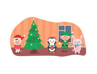 Cute Christmas elements, Santa, Snowman, gifts, snowflakes, bears, penguins, cow, tree. Collection of cute christmas characters for graphic and web design. Illustration in flat style.
