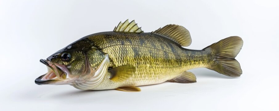 A largemouth bass fish on a white background with its mouth open.