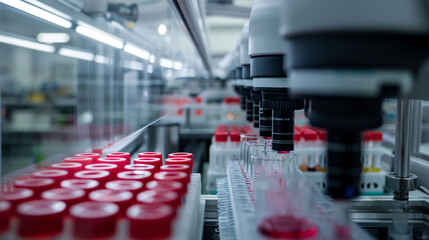 Rows of automated pipetting robots work in synchrony, swiftly transferring samples from one container to another, showcasing the efficiency of modern laboratory automation.