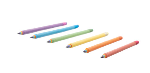 Set of Colored Pencils Made by Recycled Paper with colored erasers, arranged on white background
