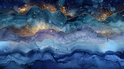 Enigmatic watercolor ripples merging with glittering metallic hues to create an ethereal aurora. 
