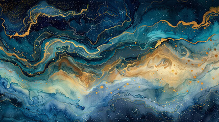 Enigmatic watercolor ripples merging with glittering metallic hues to create an ethereal aurora. 