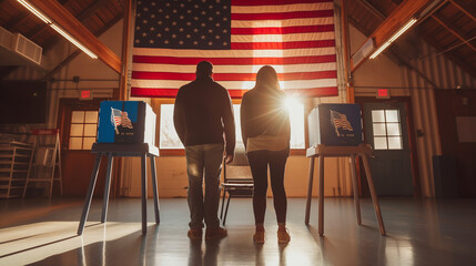 With the American flag as a backdrop, a man and his family participate in the electoral process, emphasizing the importance of civic engagement and democratic values.