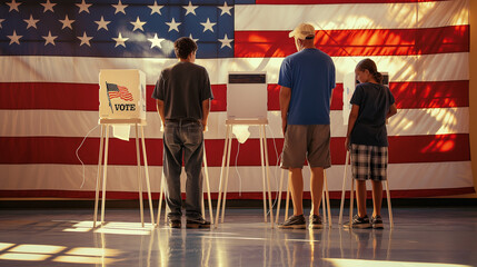 Against the backdrop of the stars and stripes, a man and his family engage in the democratic ritual of voting, reinforcing the spirit of national unity and civic responsibility. - obrazy, fototapety, plakaty