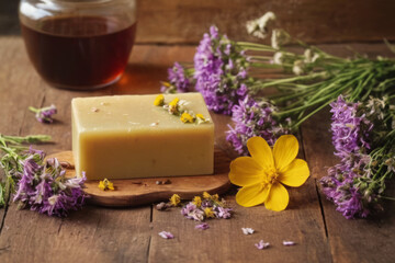 Obraz na płótnie Canvas Natural herbal soap bar with dried flower petals and herbal oils on a wooden background. Handmade organic cosmetics. Healthy lifestyle, beauty, skin care. Zero waste home concept.