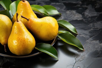 Fresh pears on a black stone table fruits free space for text upper view, generative IA