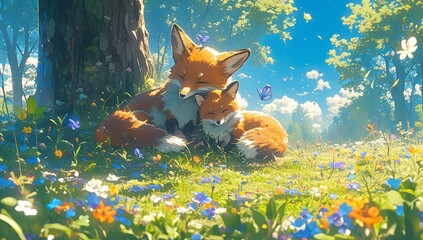 Fototapeta premium Two cute fox playfully chasing in the spring park, bathed in the style of golden sunlight and colorful flowers,