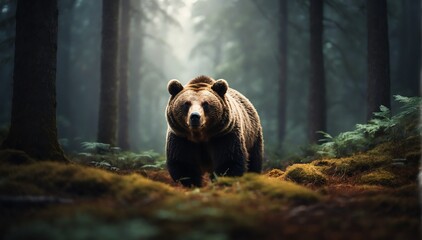 a bear in the middle of a dark forest from Generative AI - obrazy, fototapety, plakaty
