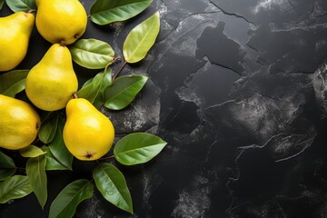Fresh pears on a black stone table fruits free space for text upper view, generative IA