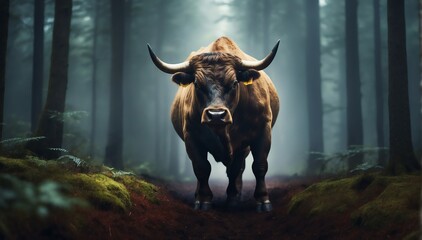 a bull in the middle of a dark forest from Generative AI - obrazy, fototapety, plakaty