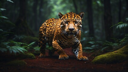 a jaguar in the middle of a dark forest from Generative AI