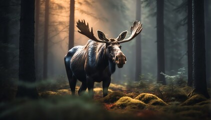 a moose in the middle of a dark forest from Generative AI