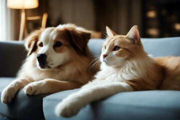together cat indoors Animal dog resting Adorable sofa friendship fluffy breed german hair happy mammal friends cute background canino whisker