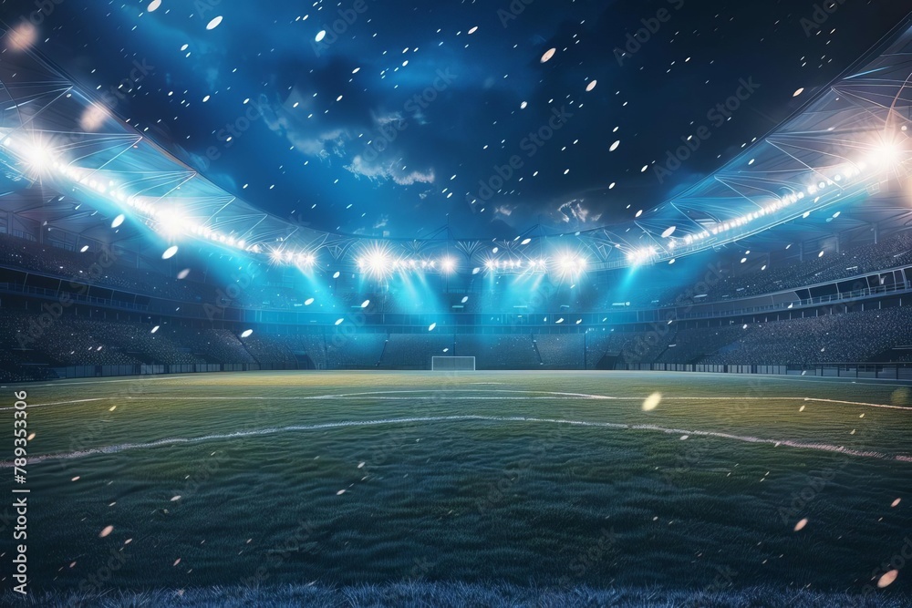 Wall mural dynamic soccer action on illuminated stadium field at night 3d illustration