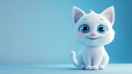 Obraz premium cute white cat character with big eyes smiling sitting on blue background