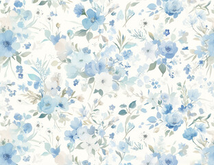 Fototapeta na wymiar Light blue watercolor floral pattern on a white background, featuring large flowers and small leaves in shades of sky blue and gray, with subtle grunge accents