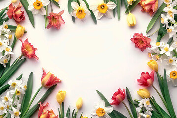Spring floral frame with tulips and daffodils on white background