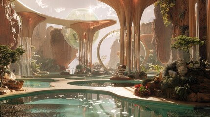 A surreal dreamscape featuring an otherworldly oasis, where shimmering pools and verdant gardens...