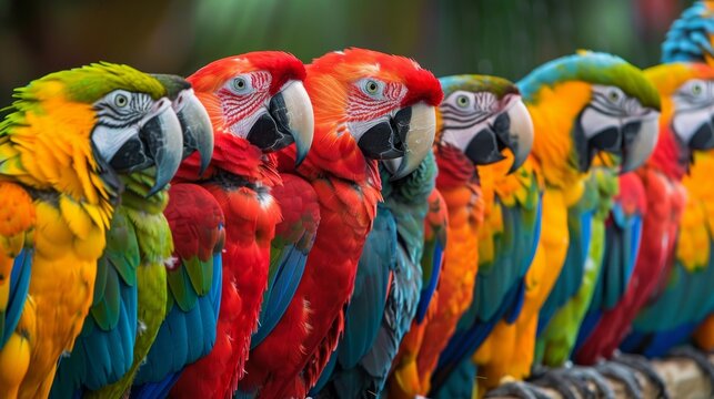 A row of brightly colored parrots lined up together.